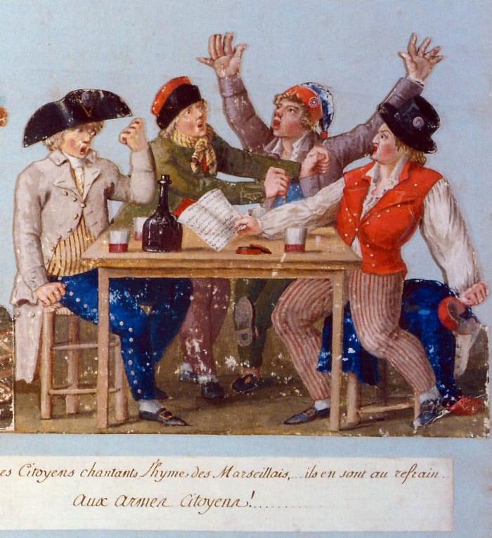 ジャン=バティスト・ルシュウール（Jean-Baptiste LE SUEUR）、《「ラ・マルセイエーズ」を歌っている市民たち》、ボール紙の上のグワッシュ