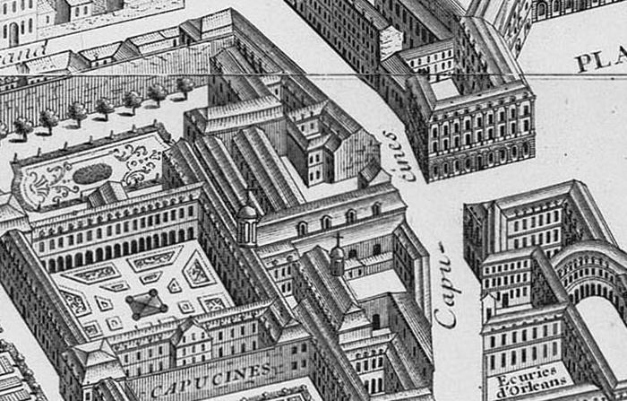 １７３４年で、ラ・ペ通り側の、パリにあるヴァンドーム広場