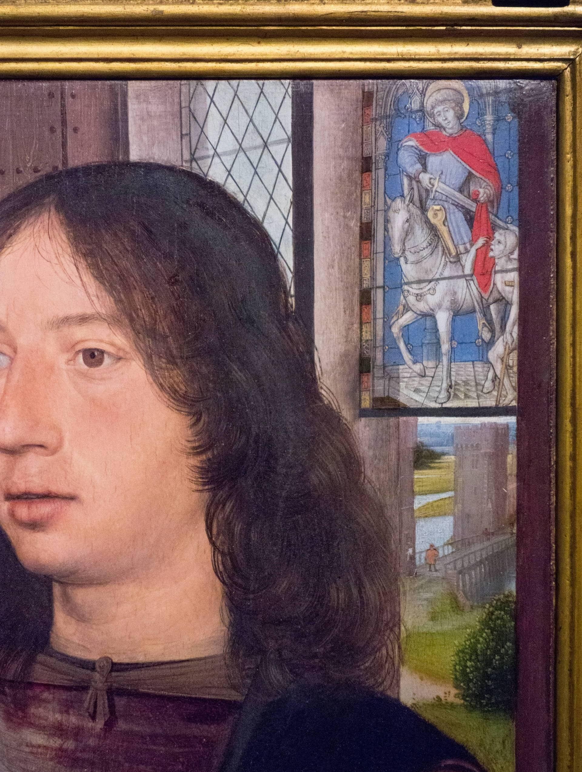 “St. Martin giving his coat to a poor”, “Landcape on Minnewater”, details of right panel of the “Diptych of Maarten van Nieuwenhove”, Hans Memling Museum, Old St. John's Hospital, Bruges (Brugge)