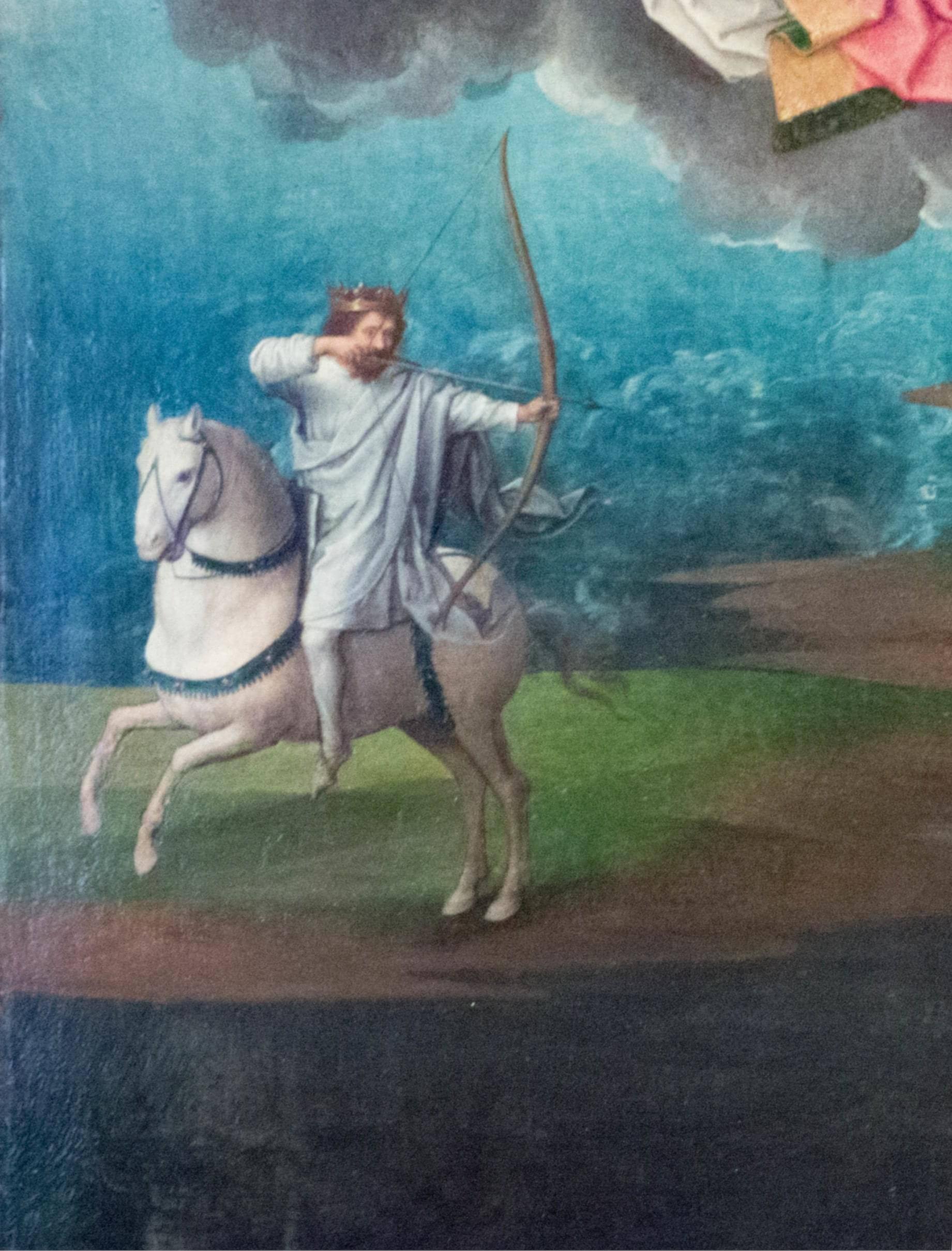 Hans MEMLING, “Triptyque de Jean-Baptiste et de Jean l'Évangéliste”, détail du volet intérieur droit, “le cheval blanc”, Musée Hans Memling, Hôpital Saint-Jean, Bruges (Brugge) Hans MEMLING, “Triptyque de Jean-Baptiste et de Jean l'Évangéliste”, détail du volet intérieur droit, “le cheval blanc”, Musée Hans Memling, Hôpital Saint-Jean, Bruges (Brugge)