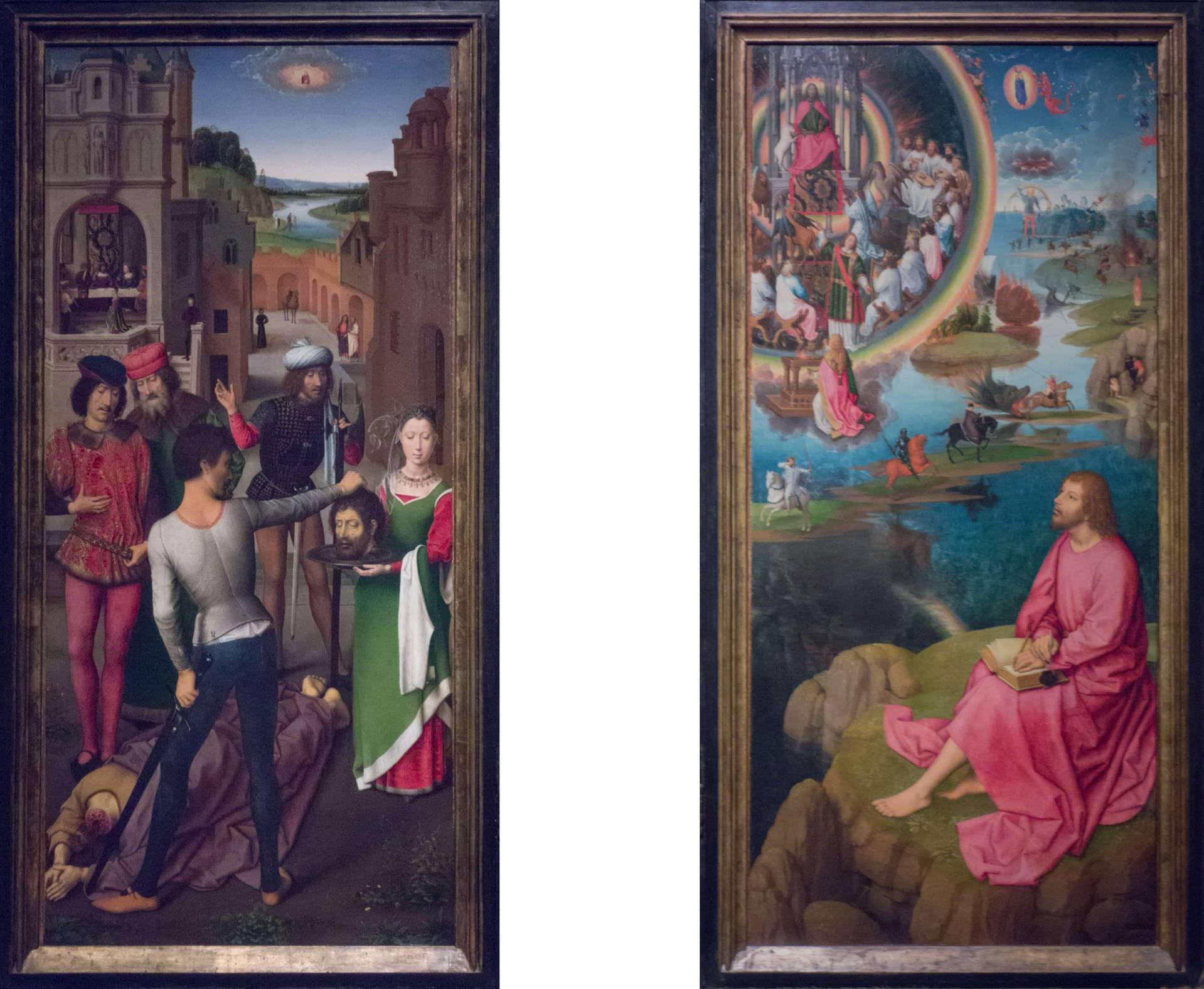 Hans MEMLING, “Triptyque de Jean-Baptiste et de Jean l'Évangéliste”, les 2 volets intérieurs: à gauche, Jean le Baptiste décapité sur ordre d'Hérode, à droite, Jean l'Évangéliste à Patmos, Musée Hans Memling, Hôpital Saint-Jean, Bruges (Brugge) Hans MEMLING, “Triptyque de Jean-Baptiste et de Jean l'Évangéliste”, les 2 volets intérieurs: à gauche, Jean le Baptiste décapité sur ordre d'Hérode, à droite, Jean l'Évangéliste à Patmos, Musée Hans Memling, Hôpital Saint-Jean, Bruges (Brugge)