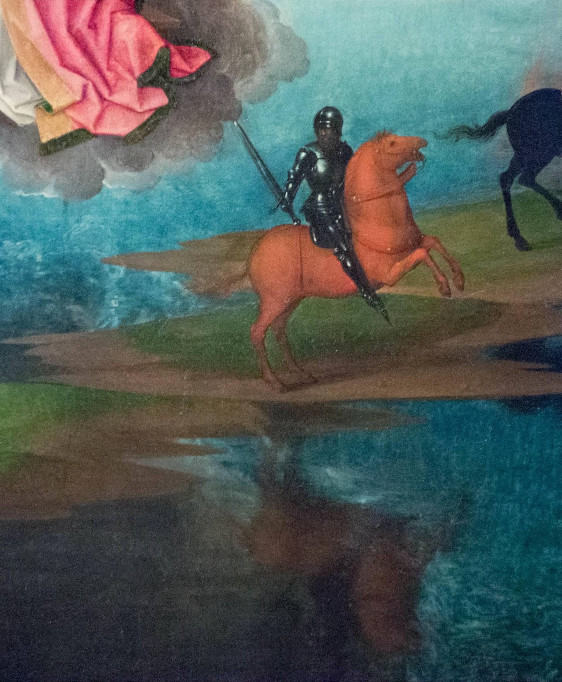 Hans MEMLING, “Triptyque de Jean-Baptiste et de Jean l'Évangéliste”, détail du volet intérieur droit, “le cheval rouge feu”, Musée Hans Memling, Hôpital Saint-Jean, Bruges (Brugge) Hans MEMLING, “Triptyque de Jean-Baptiste et de Jean l'Évangéliste”, détail du volet intérieur droit, “le cheval rouge feu”, Musée Hans Memling, Hôpital Saint-Jean, Bruges (Brugge)