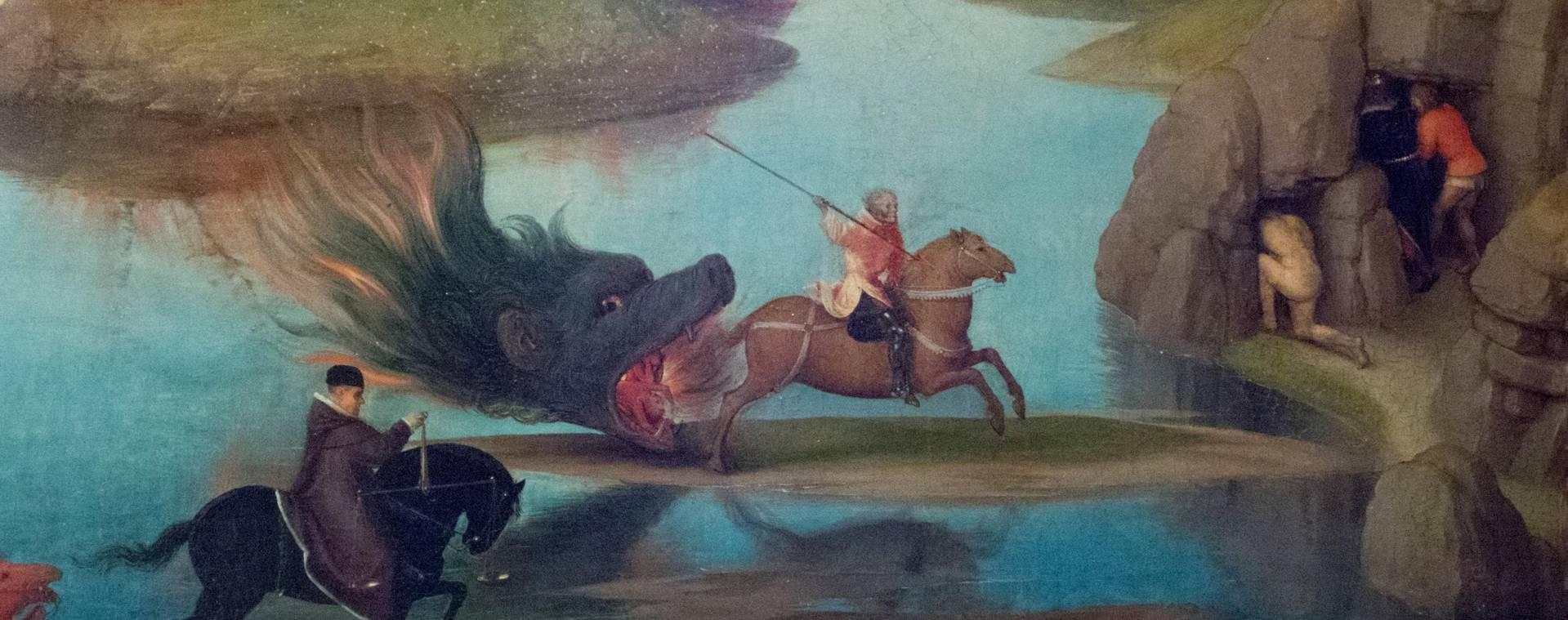 Hans MEMLING, “Triptyque de Jean-Baptiste et de Jean l'Évangéliste”, détail du volet intérieur droit, “le cheval verdâtre, la mort, le séjour des morts”, Musée Hans Memling, Hôpital Saint-Jean, Bruges (Brugge) Hans MEMLING, “Triptyque de Jean-Baptiste et de Jean l'Évangéliste”, détail du volet intérieur droit, “le cheval verdâtre, la mort, le séjour des morts”, Musée Hans Memling, Hôpital Saint-Jean, Bruges (Brugge)