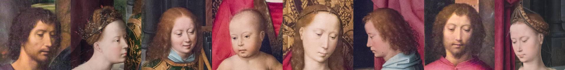 Hans MEMLING, “Triptyque de Jean-Baptiste et de Jean l'Évangéliste”, détails du panneau central, de gauche à droite: ressemblances des physionomies, variétés des âges représentés, Musée Hans Memling, Hôpital Saint-Jean, Bruges (Brugge) Hans MEMLING, “Triptyque de Jean-Baptiste et de Jean l'Évangéliste”, détails du panneau central, de gauche à droite: ressemblances des physionomies, variétés des âges représentés, Musée Hans Memling, Hôpital Saint-Jean, Bruges (Brugge)