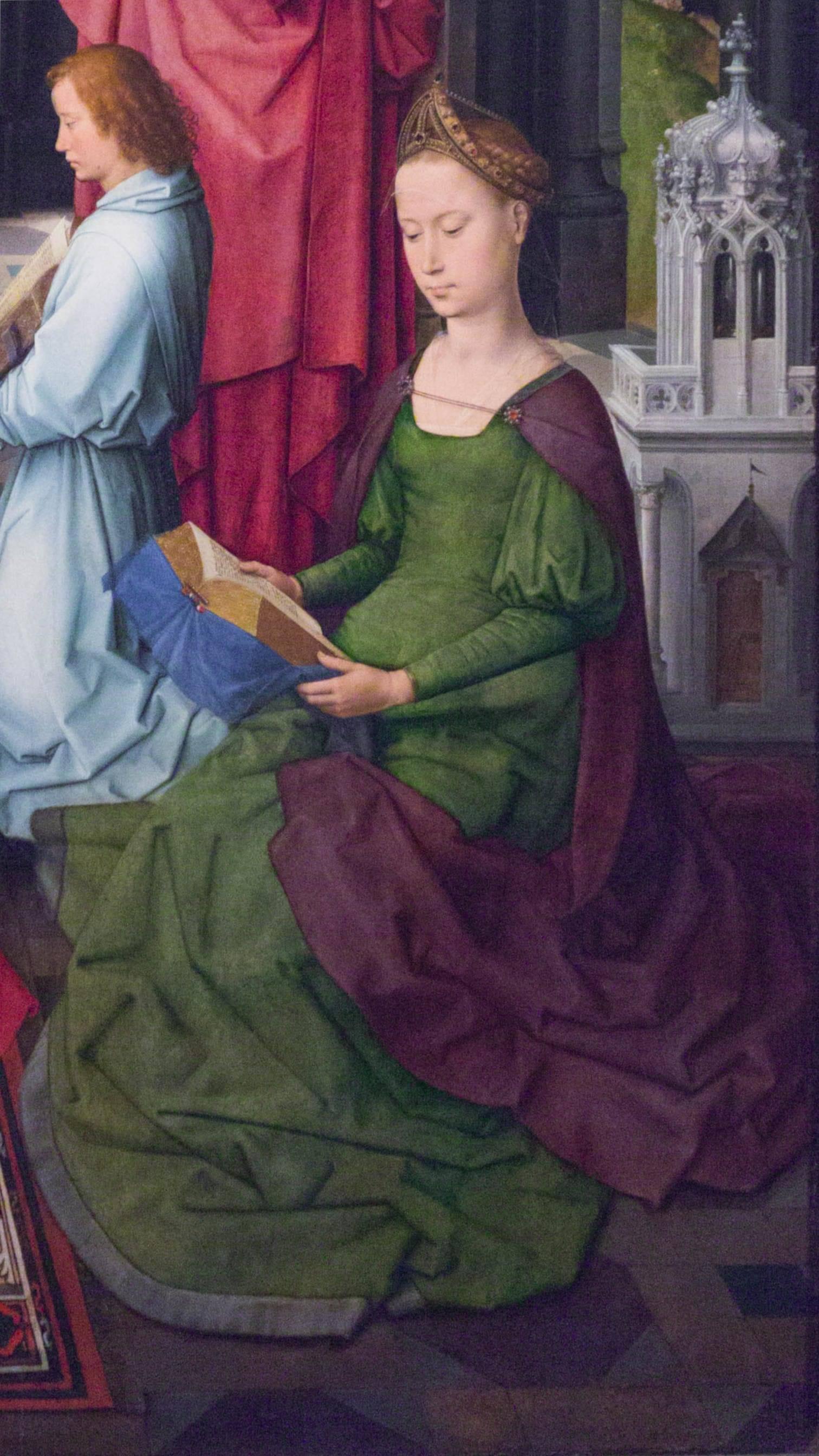 Hans MEMLING, “Triptyque de Jean-Baptiste et de Jean l'Évangéliste”, détail du panneau central, Barbe la grande martyre, Musée Hans Memling, Hôpital Saint-Jean, Bruges (Brugge) Hans MEMLING, “Triptyque de Jean-Baptiste et de Jean l'Évangéliste”, détail du panneau central, Barbe la grande martyre, Musée Hans Memling, Hôpital Saint-Jean, Bruges (Brugge)