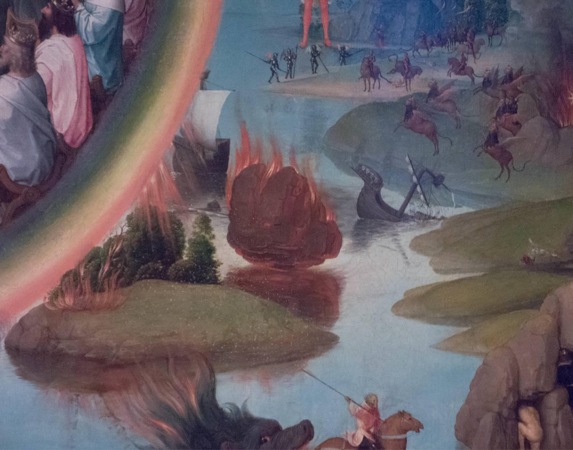 Hans MEMLING, “Triptyque de Jean-Baptiste et de Jean l'Évangéliste”, détail du volet intérieur droit, “chute de la grande montagne embrasée, le tiers des bateaux détruits”, Musée Hans Memling, Hôpital Saint-Jean, Bruges (Brugge) Hans MEMLING, “Triptyque de Jean-Baptiste et de Jean l'Évangéliste”, détail du volet intérieur droit, “chute de la grande montagne embrasée, le tiers des bateaux détruits”, Musée Hans Memling, Hôpital Saint-Jean, Bruges (Brugge)