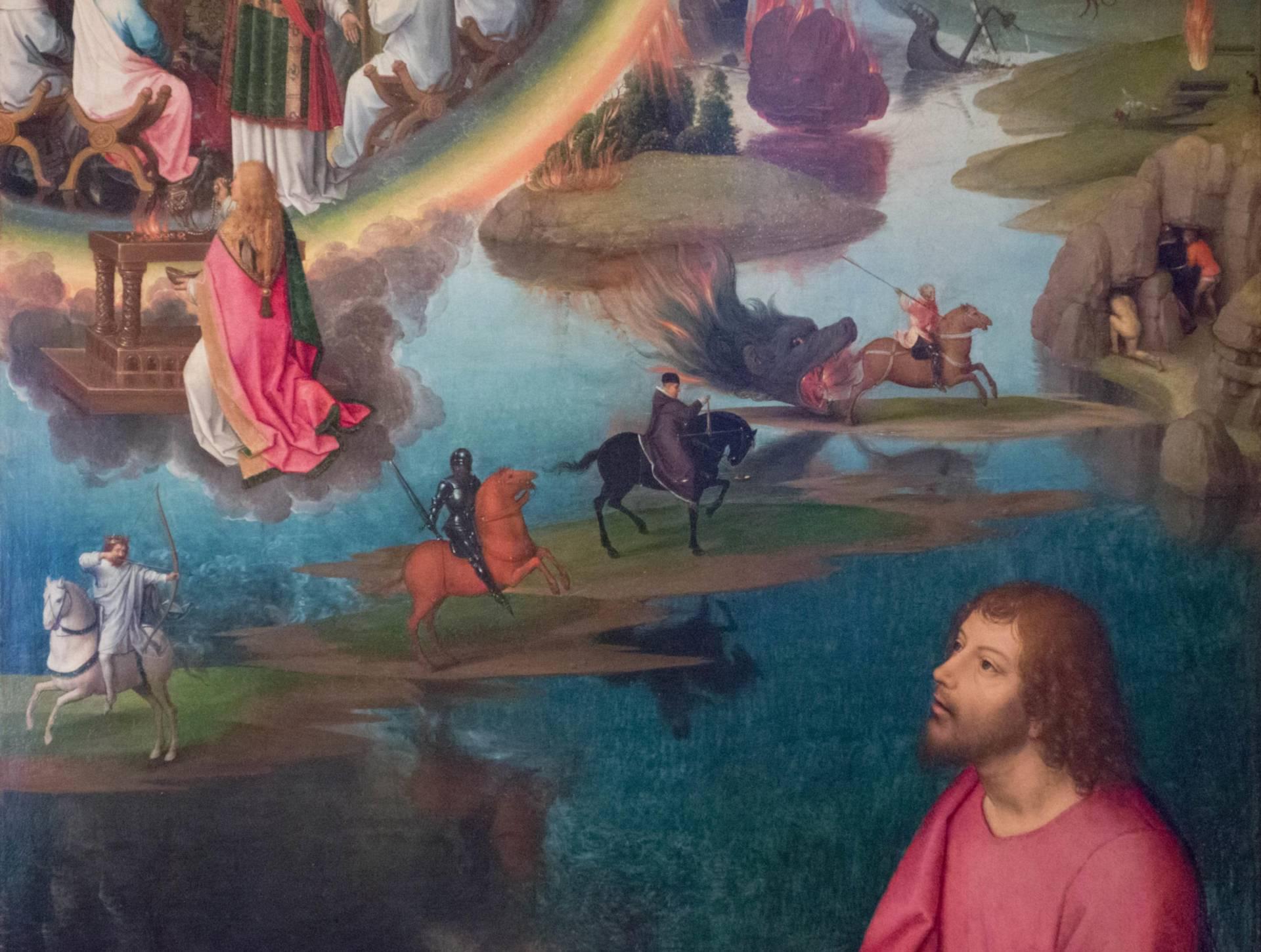 Hans MEMLING, “Triptyque de Jean-Baptiste et de Jean l'Évangéliste”, détail du volet intérieur droit, “le paysage autour des quatre cavaliers”, Musée Hans Memling, Hôpital Saint-Jean, Bruges (Brugge) Hans MEMLING, “Triptyque de Jean-Baptiste et de Jean l'Évangéliste”, détail du volet intérieur droit, “le paysage autour des quatre cavaliers”, Musée Hans Memling, Hôpital Saint-Jean, Bruges (Brugge)