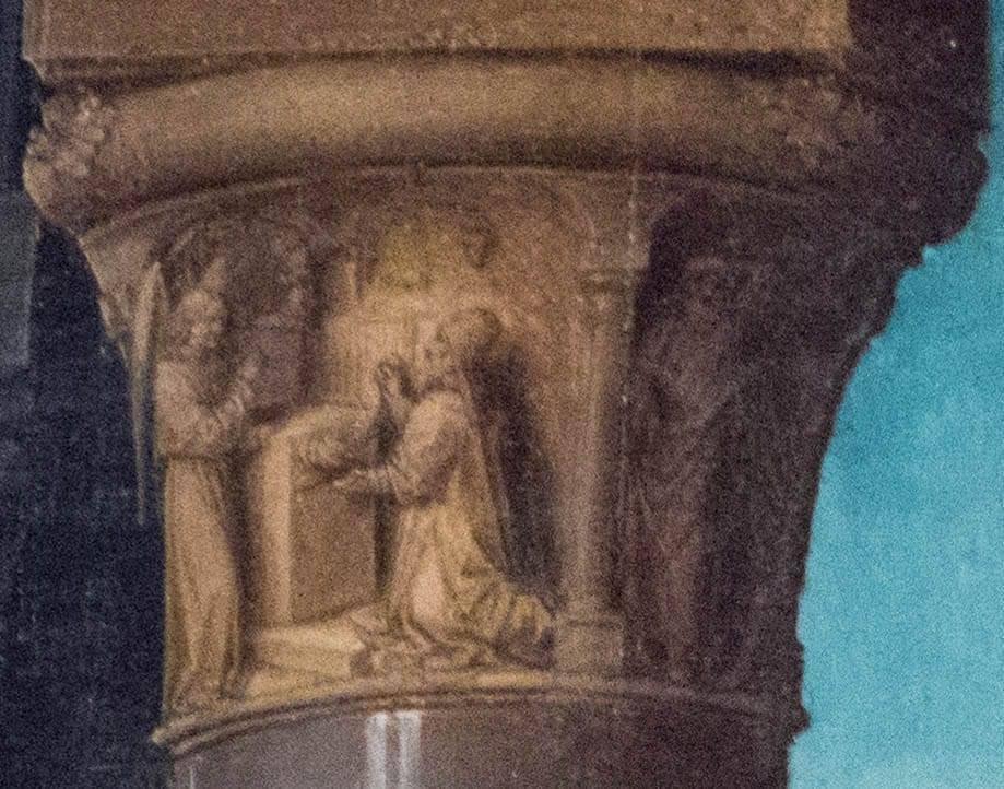 Hans MEMLING, “Triptyque de Jean-Baptiste et de Jean l'Évangéliste”, détail du panneau central, chapiteau de colonne, “l'apparition de l'Archange Gabriel à Zaccharie”, Musée Hans Memling, Hôpital Saint-Jean, Bruges (Brugge) Hans MEMLING, “Triptyque de Jean-Baptiste et de Jean l'Évangéliste”, détail du panneau central, chapiteau de colonne, “l'apparition de l'Archange Gabriel à Zaccharie”, Musée Hans Memling, Hôpital Saint-Jean, Bruges (Brugge)