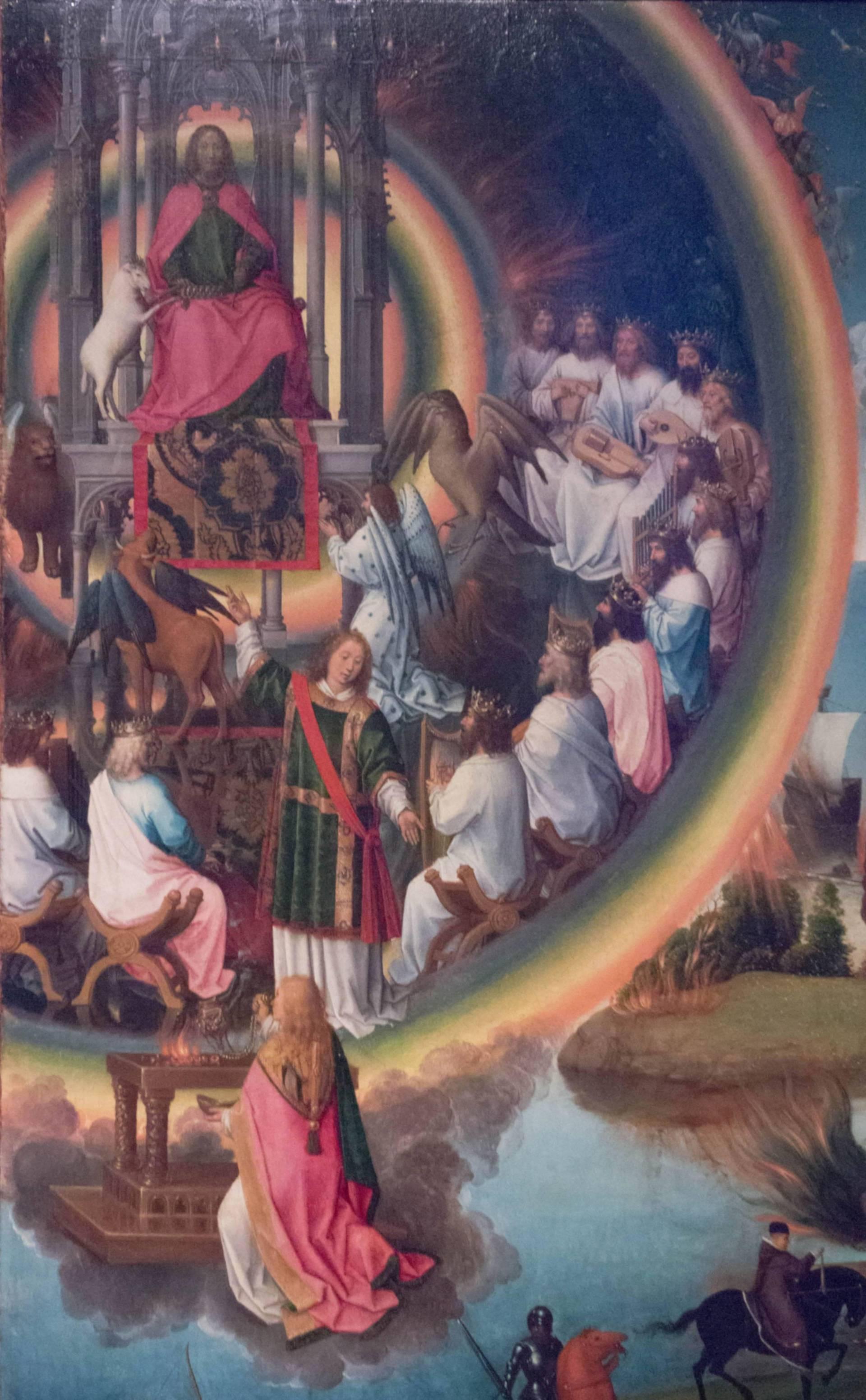 Hans MEMLING, “Triptyque de Jean-Baptiste et de Jean l'Évangéliste”, le volet intérieur droit, “vision du trône de dieu, de la cour céleste et de l'agneau”, Musée Hans Memling, Hôpital Saint-Jean, Bruges (Brugge) Hans MEMLING, “Triptyque de Jean-Baptiste et de Jean l'Évangéliste”, le volet intérieur droit, “vision du trône de dieu, de la cour céleste et de l'agneau”, Musée Hans Memling, Hôpital Saint-Jean, Bruges (Brugge)