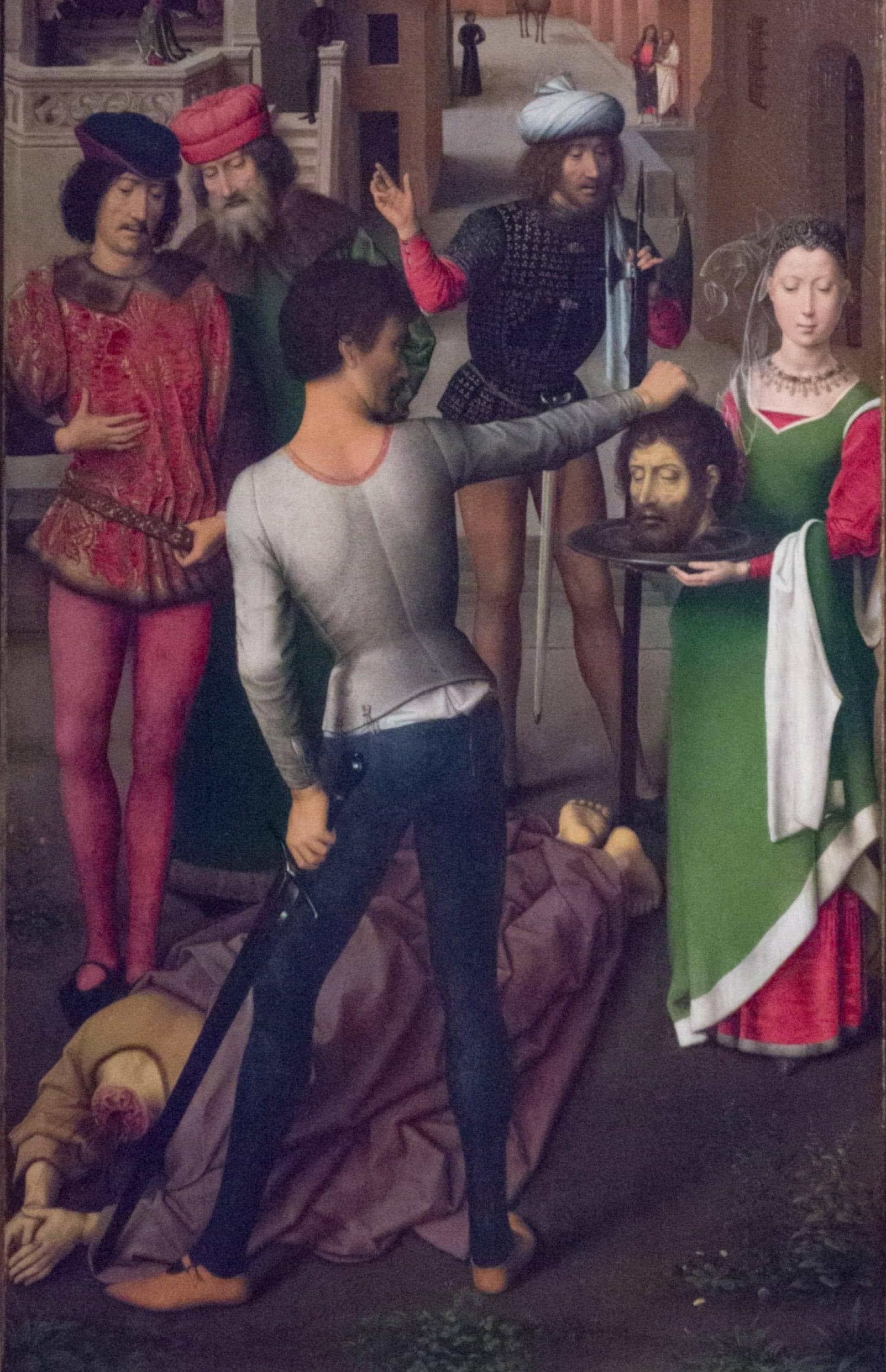 Hans MEMLING, “Triptyque de Jean-Baptiste et de Jean l'Évangéliste”, détail du volet intérieur gauche, “Décollation de Jean le Baptiste”, Musée Hans Memling, Hôpital Saint-Jean, Bruges (Brugge) Hans MEMLING, “Triptyque de Jean-Baptiste et de Jean l'Évangéliste”, détail du volet intérieur gauche, “Décollation de Jean le Baptiste”, Musée Hans Memling, Hôpital Saint-Jean, Bruges (Brugge)