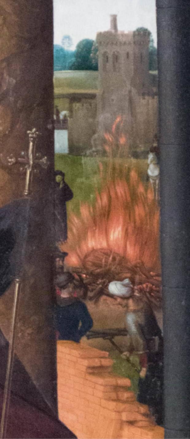 Hans MEMLING, “Triptyque de Jean-Baptiste et de Jean l'Évangéliste”, détail du panneau central, “le corps de Jean le Baptiste déterré et brûlé sur ordre de l'empereur Julien l'Apostat”, Musée Hans Memling, Hôpital Saint-Jean, Bruges (Brugge) Hans MEMLING, “Triptyque de Jean-Baptiste et de Jean l'Évangéliste”, détail du panneau central, “le corps de Jean le Baptiste déterré et brûlé sur ordre de l'empereur Julien l'Apostat”, Musée Hans Memling, Hôpital Saint-Jean, Bruges (Brugge)
