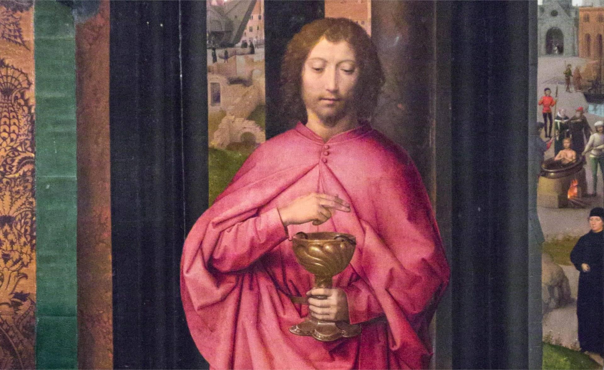 Hans MEMLING, “Triptyque de Jean-Baptiste et de Jean l'Évangéliste”, détail du panneau central, Jean l'Évangéliste, Musée Hans Memling, Hôpital Saint-Jean, Bruges (Brugge) Hans MEMLING, “Triptyque de Jean-Baptiste et de Jean l'Évangéliste”, détail du panneau central, Jean l'Évangéliste, Musée Hans Memling, Hôpital Saint-Jean, Bruges (Brugge)