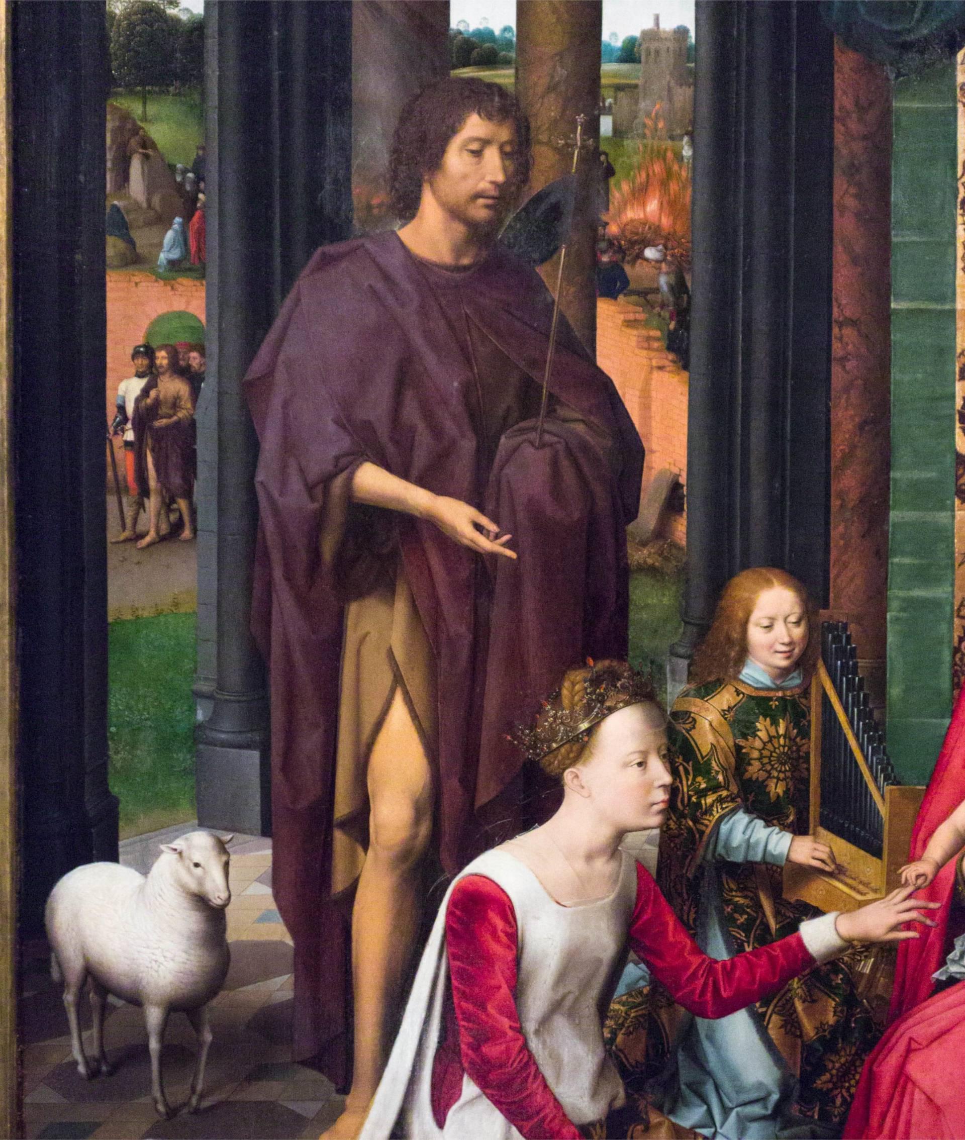 Hans MEMLING, “Triptyque de Jean-Baptiste et de Jean l'Évangéliste”, détail du panneau central, Jean le Baptiste, Musée Hans Memling, Hôpital Saint-Jean, Bruges (Brugge) Hans MEMLING, “Triptyque de Jean-Baptiste et de Jean l'Évangéliste”, détail du panneau central, Jean le Baptiste, Musée Hans Memling, Hôpital Saint-Jean, Bruges (Brugge)