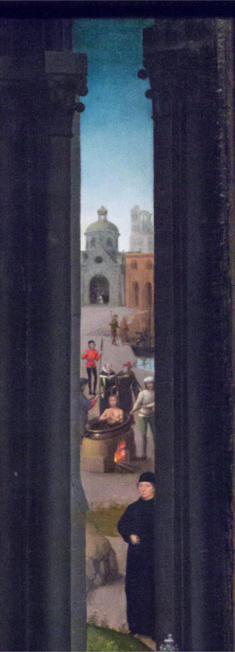 Hans MEMLING, “Triptyque de Jean-Baptiste et de Jean l'Évangéliste”, détails du panneau central, “Ébouillantement de Jean l'Évangéliste sur ordre de l'empereur Domitien devant la Porte Latine à Rome et départ en l'exil sur l'île de Patmos”, Musée Hans Memling, Hôpital Saint-Jean, Bruges (Brugge) Hans MEMLING, “Triptyque de Jean-Baptiste et de Jean l'Évangéliste”, détails du panneau central, “Ébouillantement de Jean l'Évangéliste sur ordre de l'empereur Domitien devant la Porte Latine à Rome et départ en l'exil sur l'île de Patmos”, Musée Hans Memling, Hôpital Saint-Jean, Bruges (Brugge)