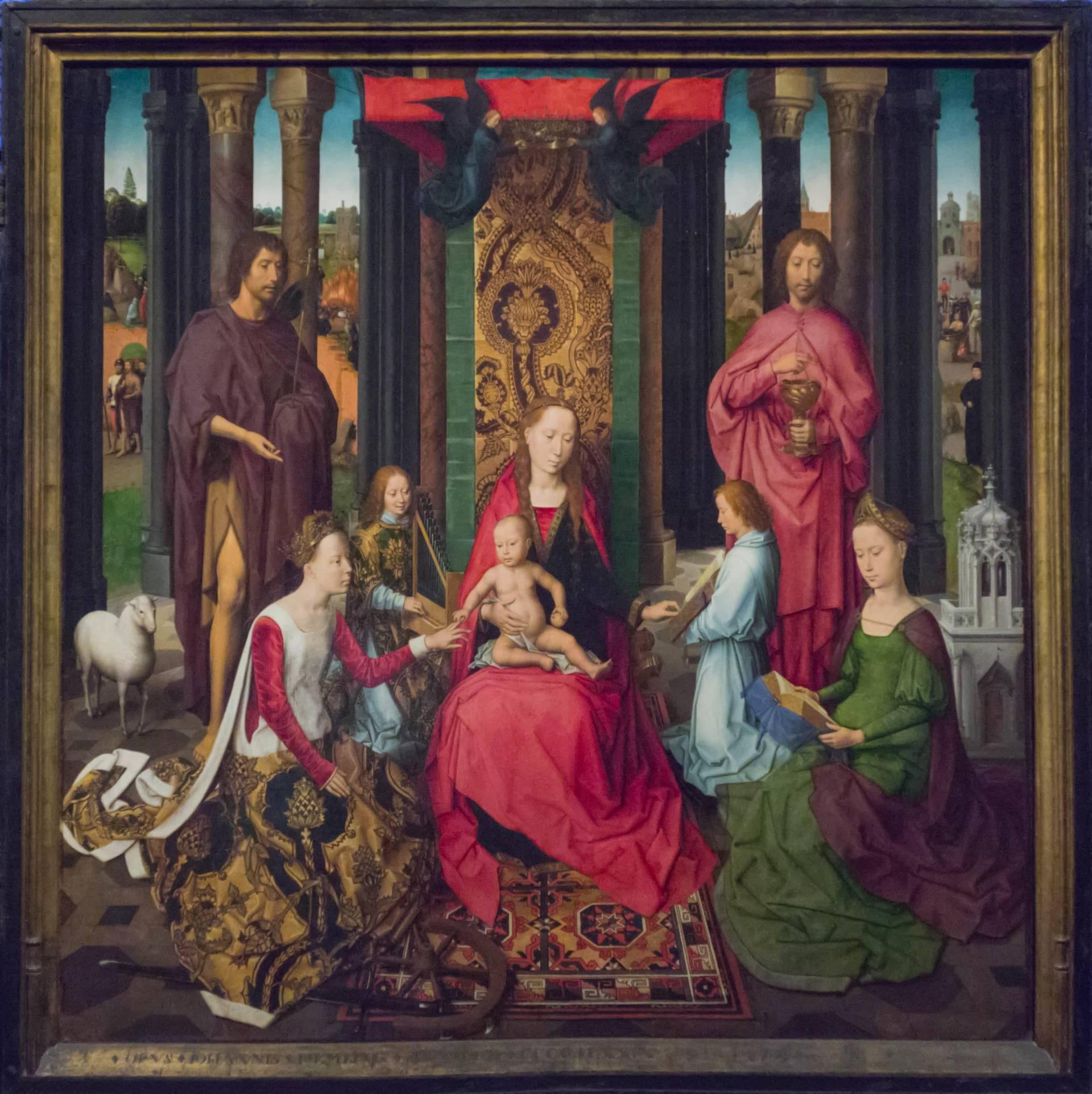 Hans MEMLING, “Triptyque de Jean-Baptiste et de Jean l'Évangéliste”, vue du panneau central, le Couronnement de la Vierge, Musée Hans Memling, Hôpital Saint-Jean, Bruges (Brugge) Hans MEMLING, “Triptyque de Jean-Baptiste et de Jean l'Évangéliste”, vue du panneau central, le Couronnement de la Vierge, Musée Hans Memling, Hôpital Saint-Jean, Bruges (Brugge)