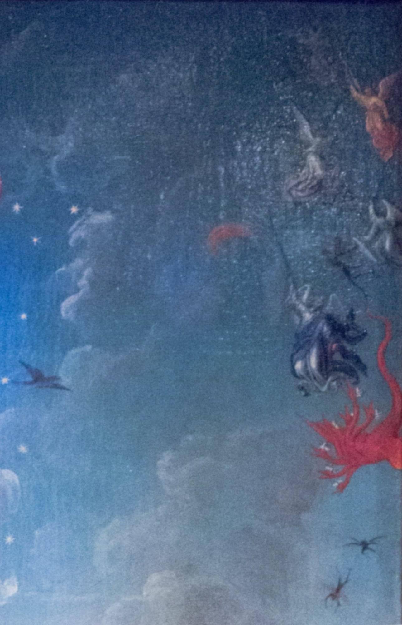 Hans MEMLING, “Triptyque de Jean-Baptiste et de Jean l'Évangéliste”, détail du volet intérieur droit, “combat de saint michel, du dragon et de leurs anges: chute du dragon et de ses anges”, Musée Hans Memling, Hôpital Saint-Jean, Bruges (Brugge) Hans MEMLING, “Triptyque de Jean-Baptiste et de Jean l'Évangéliste”, détail du volet intérieur droit, “combat de saint michel, du dragon et de leurs anges: chute du dragon et de ses anges”, Musée Hans Memling, Hôpital Saint-Jean, Bruges (Brugge)