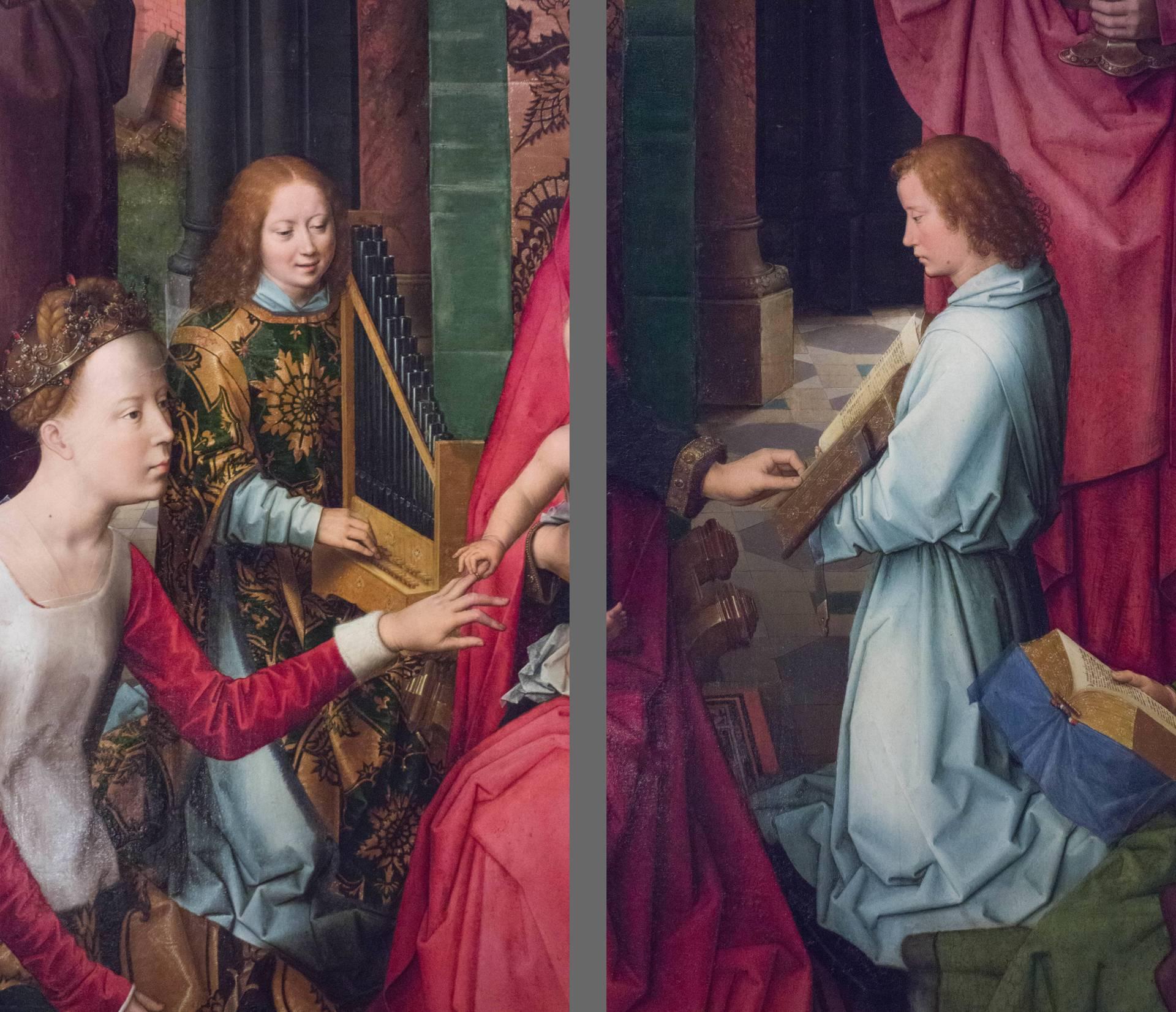 Hans MEMLING, “Triptyque de Jean-Baptiste et de Jean l'Évangéliste”, détails du panneau central, les deux servants d'autel, Musée Hans Memling, Hôpital Saint-Jean, Bruges (Brugge) Hans MEMLING, “Triptyque de Jean-Baptiste et de Jean l'Évangéliste”, détails du panneau central, les deux servants d'autel, Musée Hans Memling, Hôpital Saint-Jean, Bruges (Brugge)