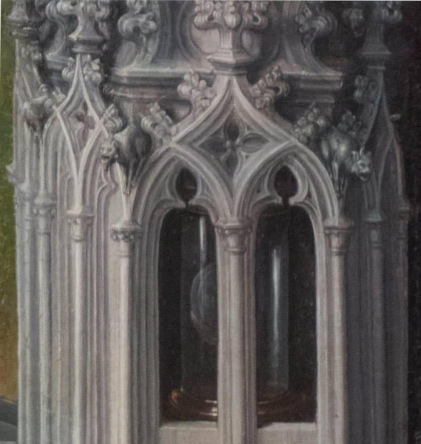 Hans MEMLING, “Triptyque de Jean-Baptiste et de Jean l'Évangéliste”, détail du panneau central, l'hostie dans la tour tabernacle de Barbe la grande martyre, Musée Hans Memling, Hôpital Saint-Jean, Bruges (Brugge) Hans MEMLING, “Triptyque de Jean-Baptiste et de Jean l'Évangéliste”, détail du panneau central, l'hostie dans la tour tabernacle de Barbe la grande martyre, Musée Hans Memling, Hôpital Saint-Jean, Bruges (Brugge)