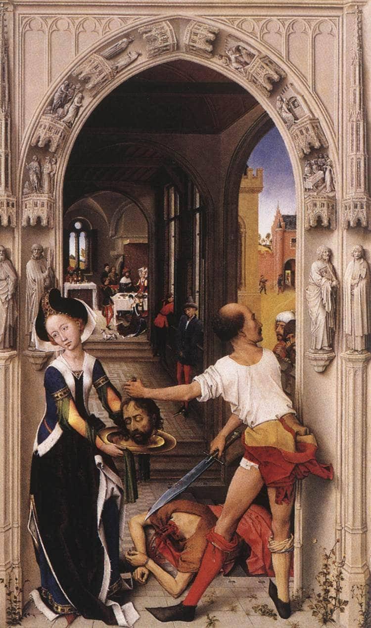 Rogier VAN DER WEYDEN, “Triptyque de saint Jean”, détail du volet intérieur gauche, “Décollation de Jean le Baptiste”, Galerie de peintures, Musées d'État de Berlin, Berlin Rogier VAN DER WEYDEN, “Triptyque de saint Jean”, détail du volet intérieur gauche, “Décollation de Jean le Baptiste”, Galerie de peintures, Musées d'État de Berlin, Berlin